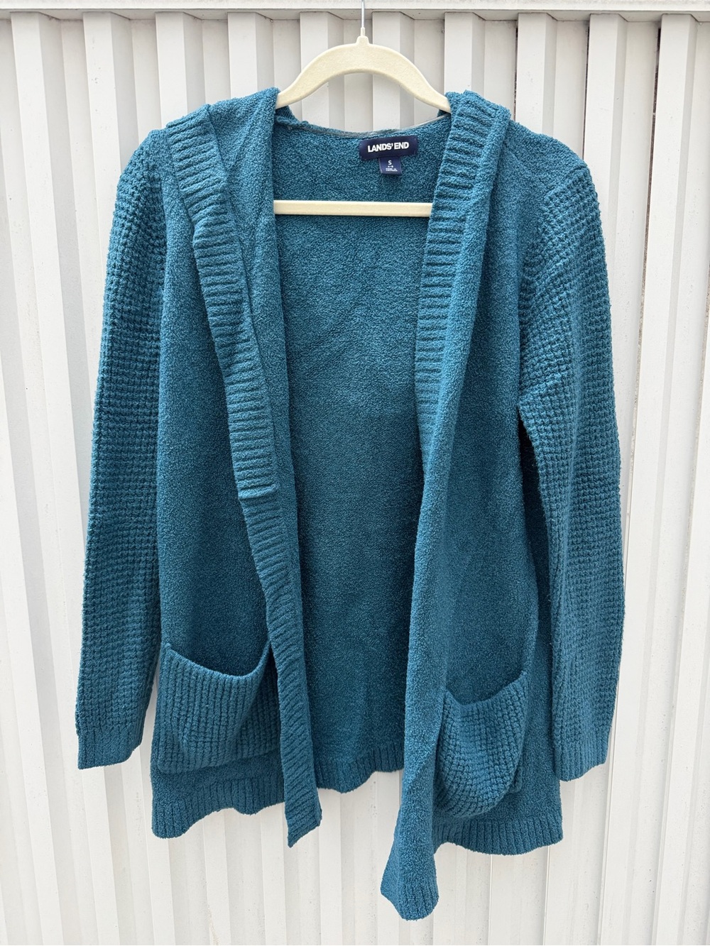 Lands’ End Teal Hooded Open Front Cardigan Sweater Pockets Women’s S